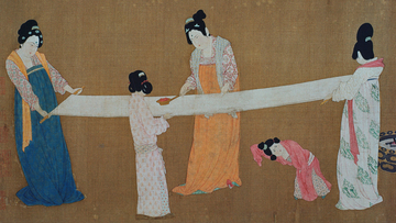 Chinese women iron silk in a 12th-century painting by Emperor Hui Tsung